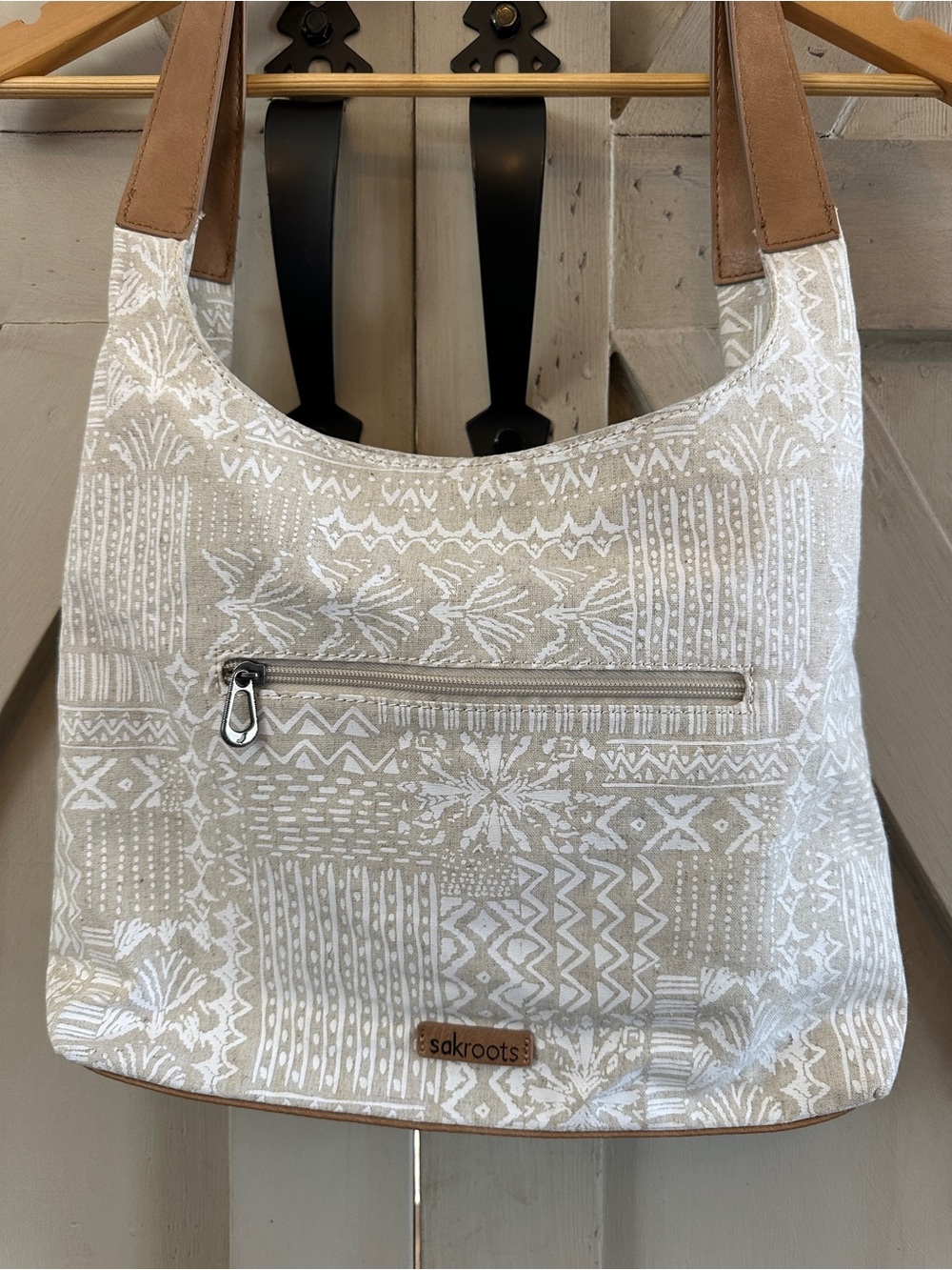 Sakroots Hermosa Hobo Shoulder Bag Beige White Tribal Print Canvas Vegan Leather